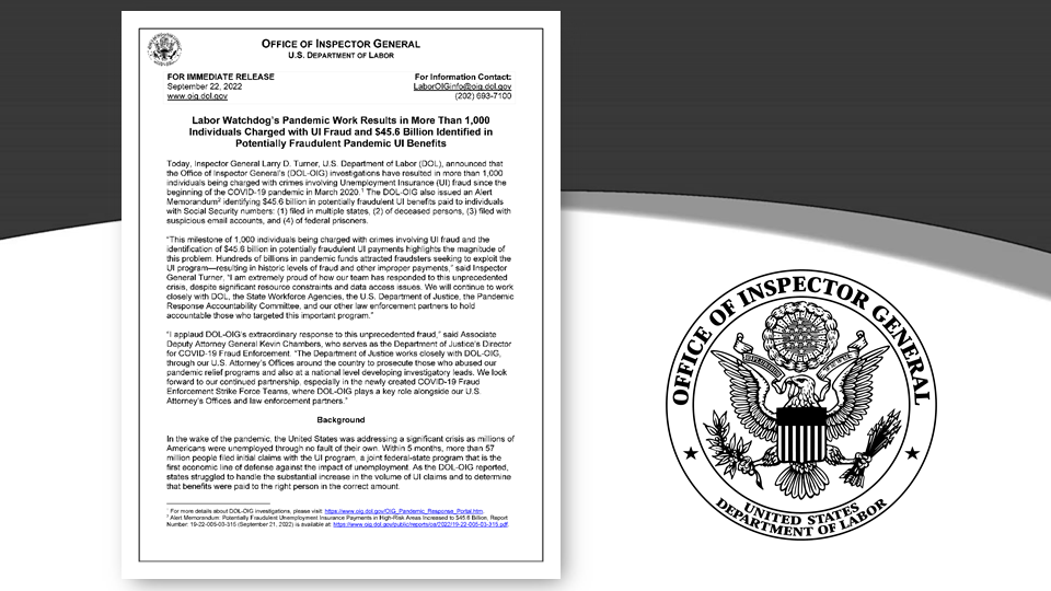 DOL-OIG Pandemic Work Results in More Than 1000 Individuals Charged with UI Fraud